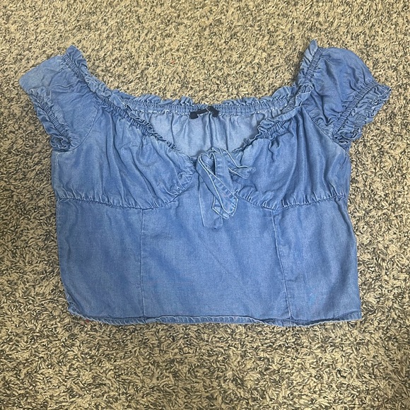 Denim cropped baby doll top zipper side - Picture 1 of 1